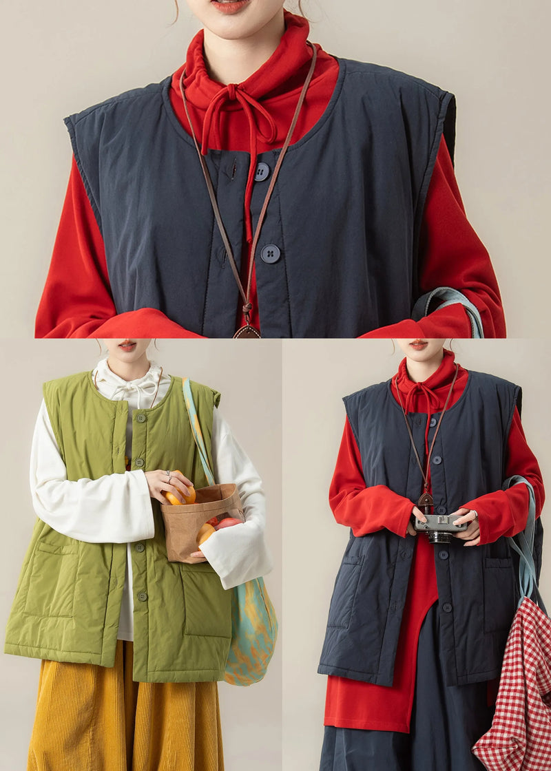 Green Oversized Pockets Fine Cotton Filled Winter Vests
