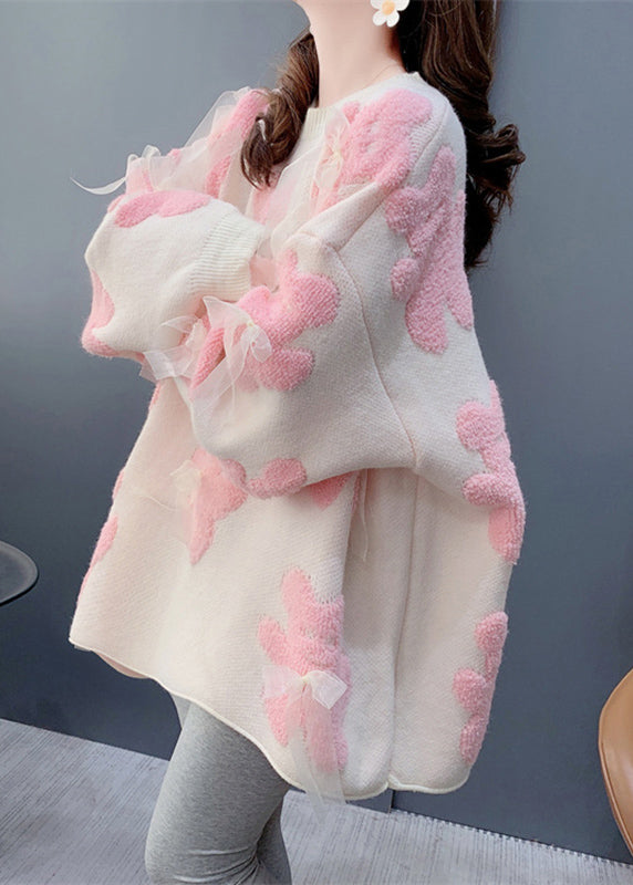 White O-neck Bow Little Bear Cotton Knit Sweater Winter