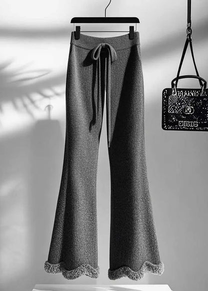 Grey Cozy Elastic Waist Knit Flared Trousers Fall