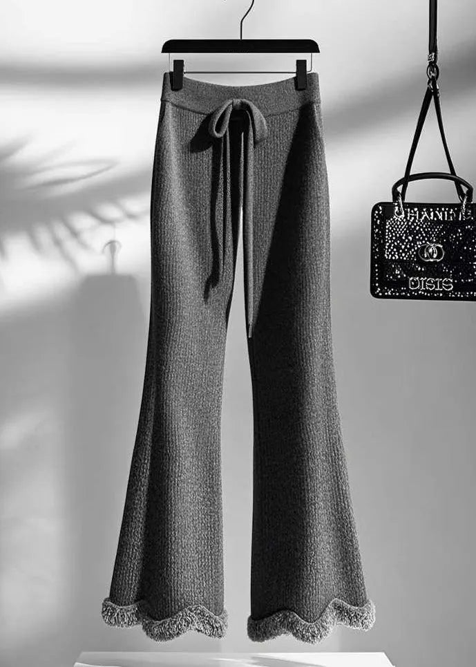 Grey Cozy Elastic Waist Knit Flared Trousers Fall