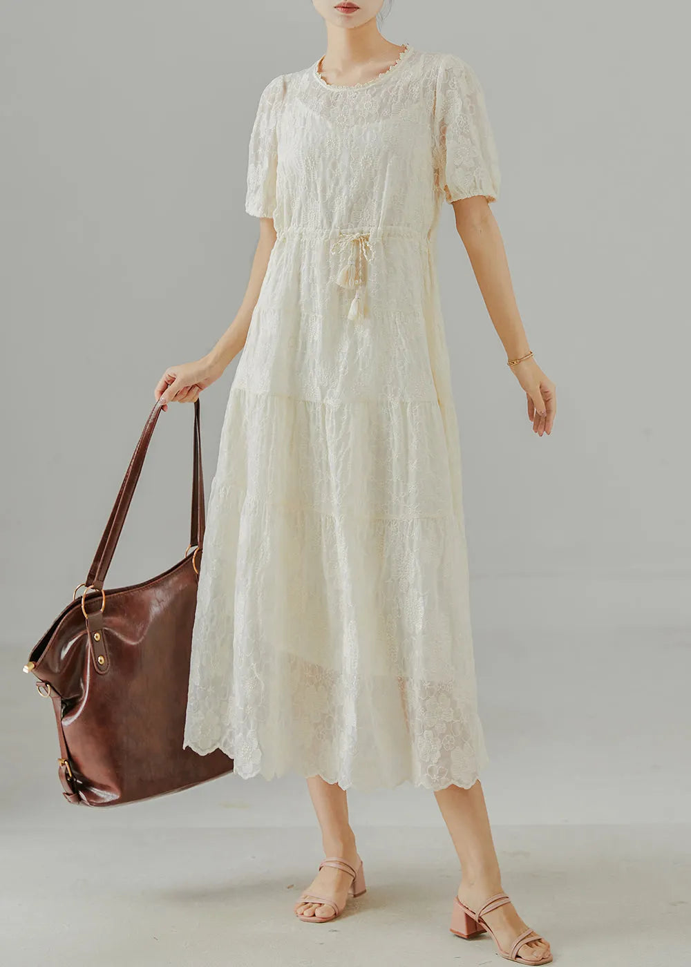 Beige Embroidered Cotton Cinched Dress Summer
