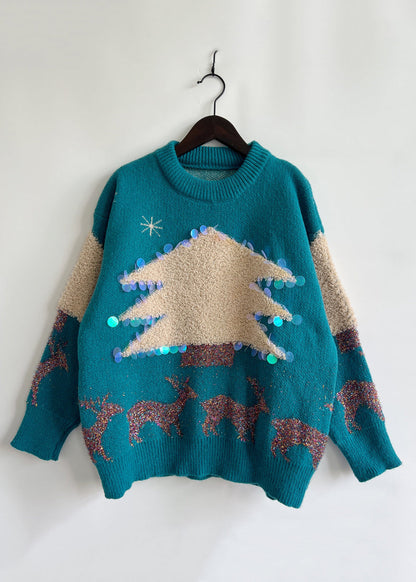 Fine Blue Jacquard Sequins Thick Knit Pullover Winter