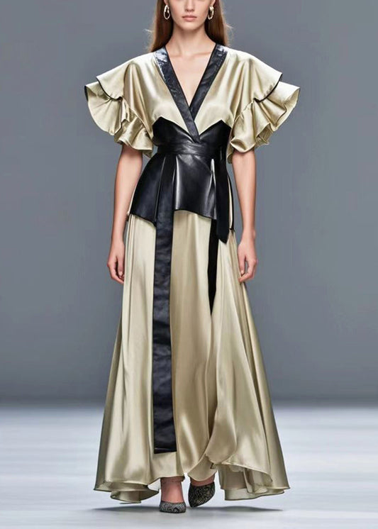 Stylish Khaki Cinched Patchwork Silk Full Dresses Butterfly Sleeve