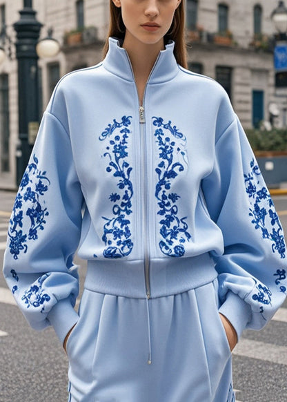 Baby Blue Print Cotton Jackets Stand Collar Fall