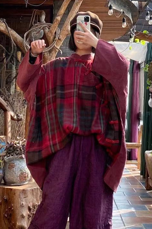 -retro Loose Cotton Linen Red Plaid Open Slant Tops