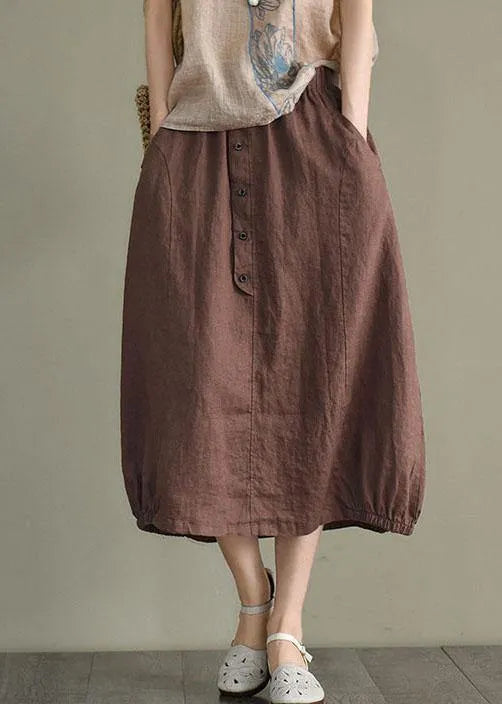 Beige Button a Line Summer Loose Skirts Linen