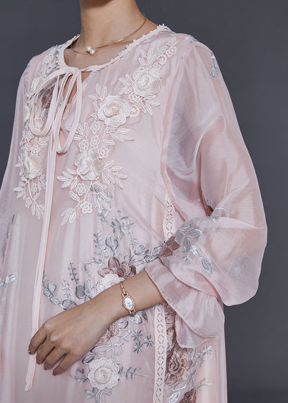 Light Pink Embroidered Silk Holiday Dress Fall