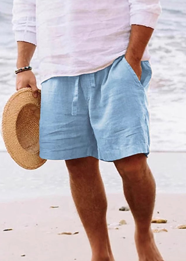 Simple Brown Pockets Elastic Waist Cotton Shorts Summer