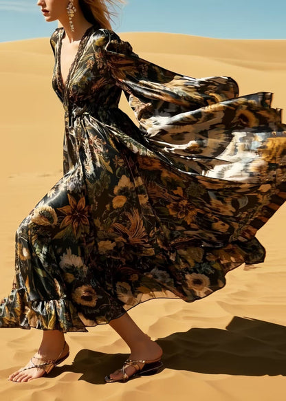 Black Print Exra Large Hem Silk Holiday Dresses Spring