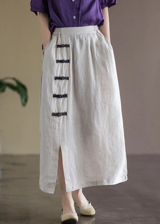 White Pockets Linen a Line Skirts High Waist Oriental Button Summer