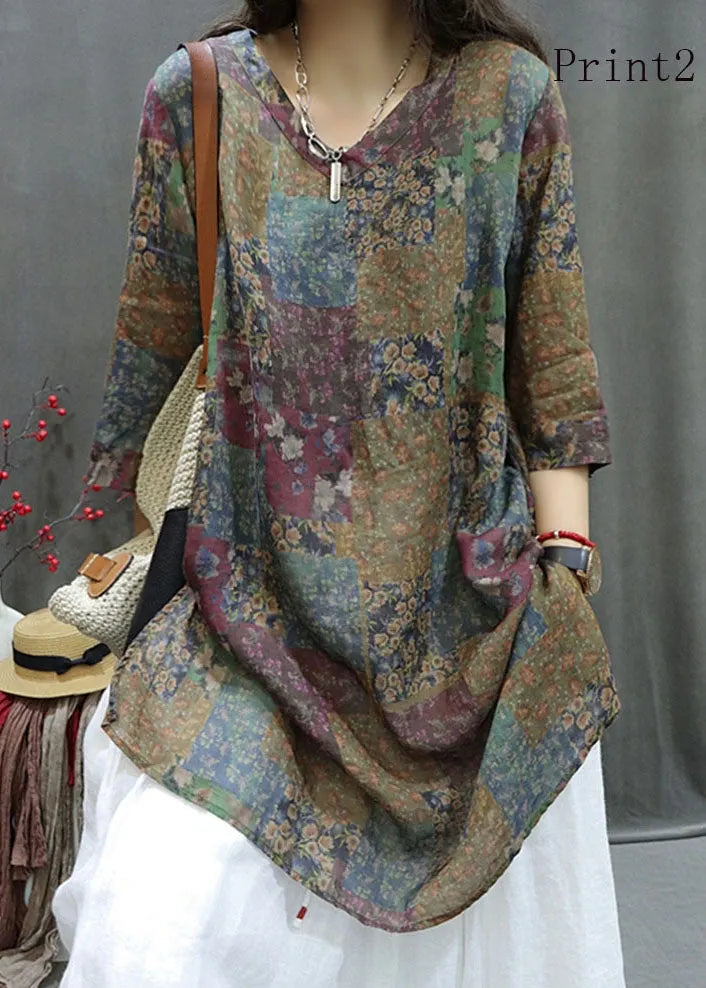 V Neck Print Cotton Mid Shirts Half Sleeve