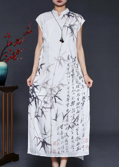 White Print Chiffon Vacation Dresses Cheongsam Sleeveless