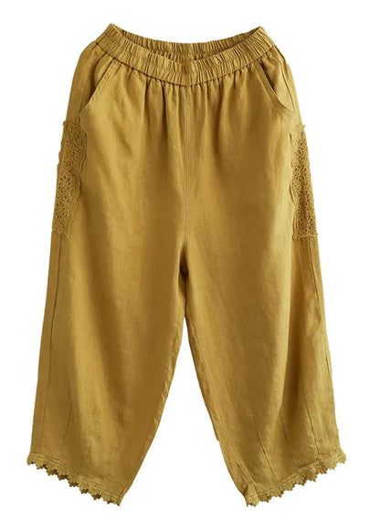 Yellow Elastic Waist Lace Patchwork Harem Pants
