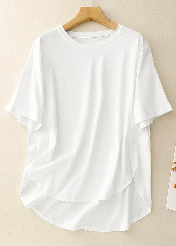 Simple White O Neck Low High Design Cotton T Shirts Summer