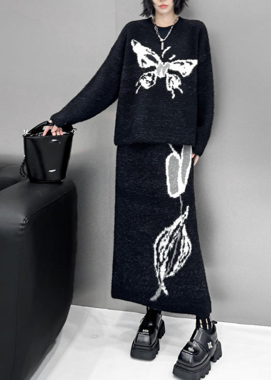 Natural Black O-neck Butterfly Print Cotton Knit Sweater and Maxi Skirts Two Pieces Sets Fall