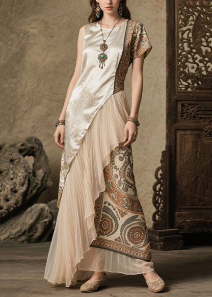 Beige Asymmetrical Patchwork Print Silk Robe Dresses Summer