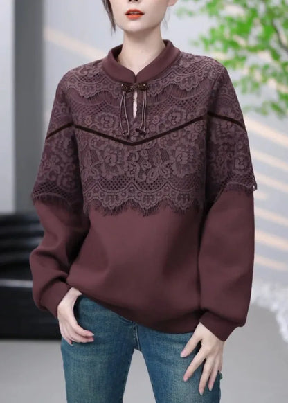 Brown Lace Patchwork Cotton Sweatshirt Winter