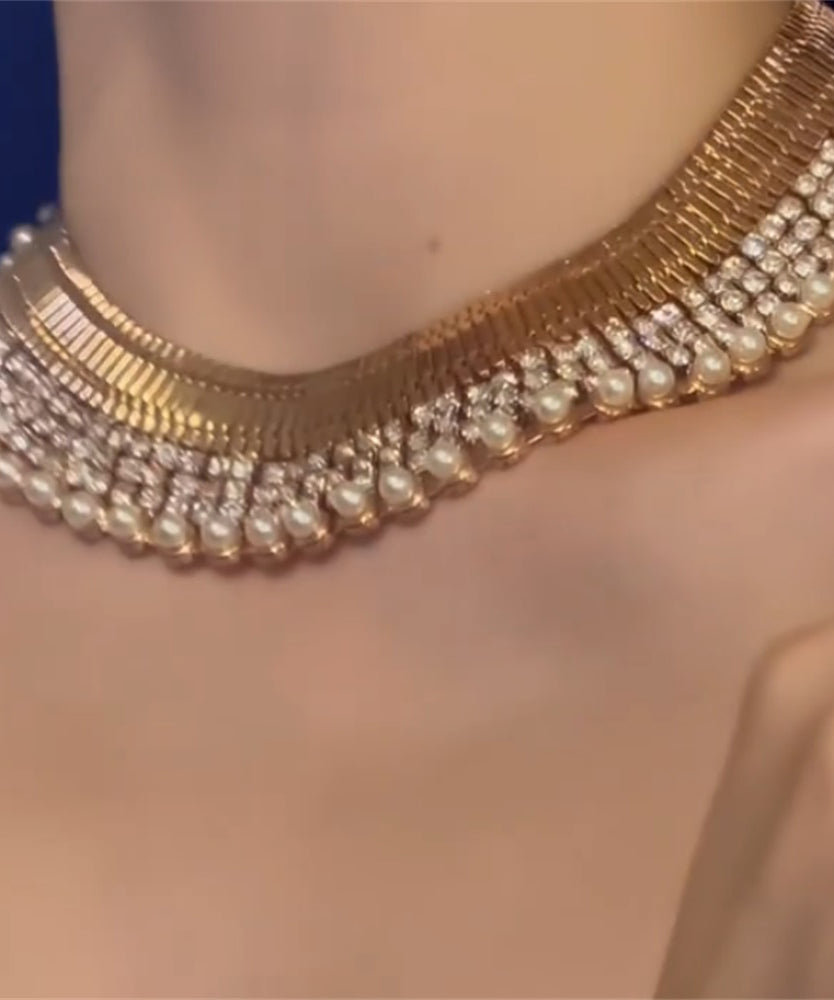 Gold Copper Alloy Zircon Pearl Gratuated Bead Necklace