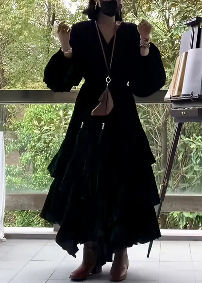 French Black V Neck Wrinkled Cotton Long Dress Fall