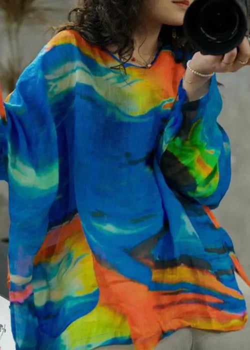 Blue O-neck Print Cotton T Shirt Long Sleeve