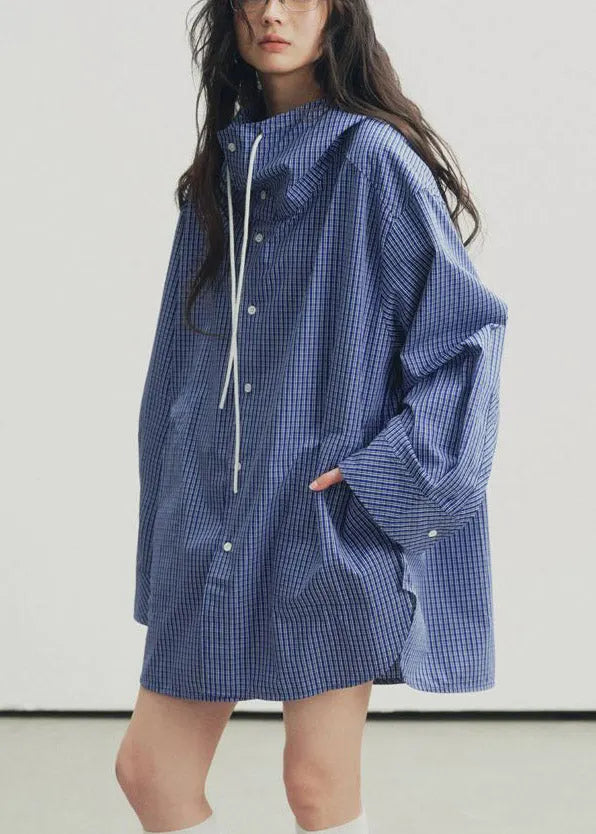 Blue Plaid Drawstring Button Hooded Shirt Lantern Sleeve