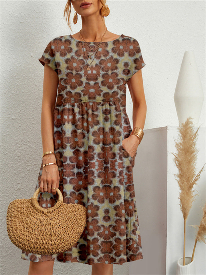 New Loose Cotton and Linen Sleeveless Round Neck Printed A-line Skirt