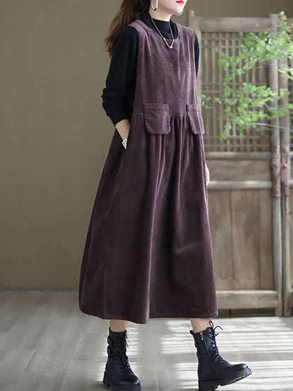 - Corduroy Pocket Sleeveless Pinafore Dress