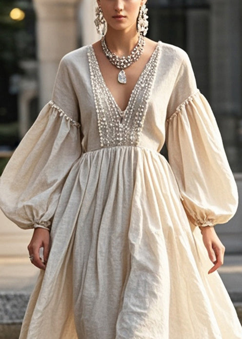 Beige Nail Bead Cotton Maxi Dresses Lantern Sleeve
