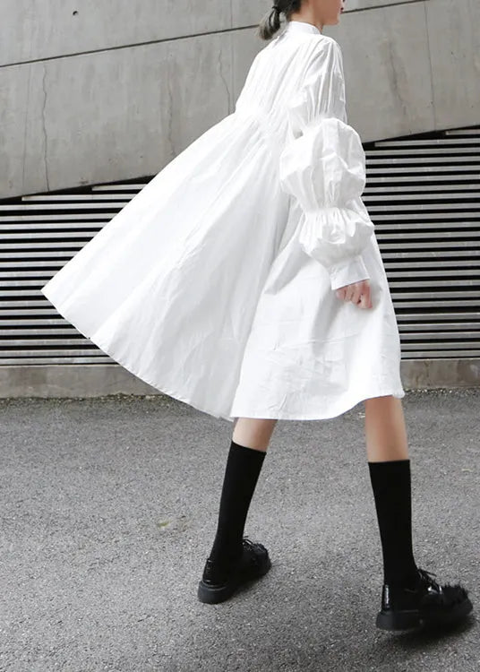 White Cinched Asymmetrical Design Cotton Dress Fall