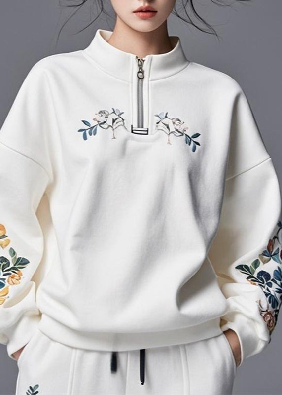 Diy White Stand Collar Zippered Patchwork Fall Sweatshirts Top