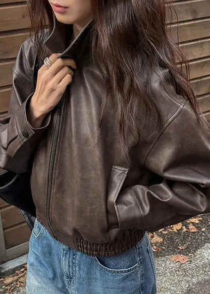 Fitted Brown Zip Up Pockets Faux Leather Coat Outwear Fall