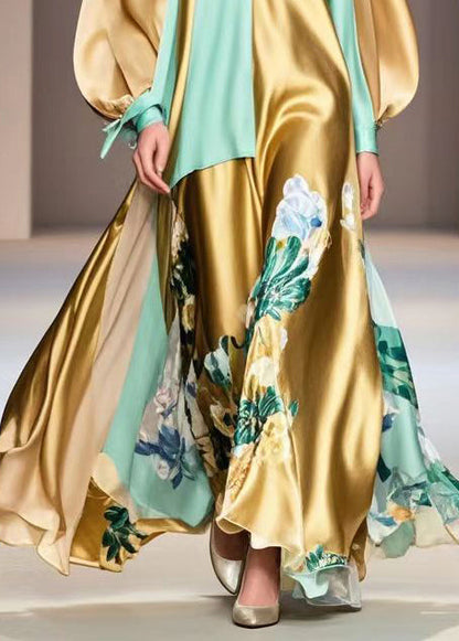 Golden Asymmetrical Patchwork Print Silk Vacation Dress Fall