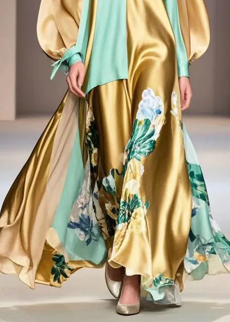 Golden Asymmetrical Patchwork Print Silk Vacation Dress Fall