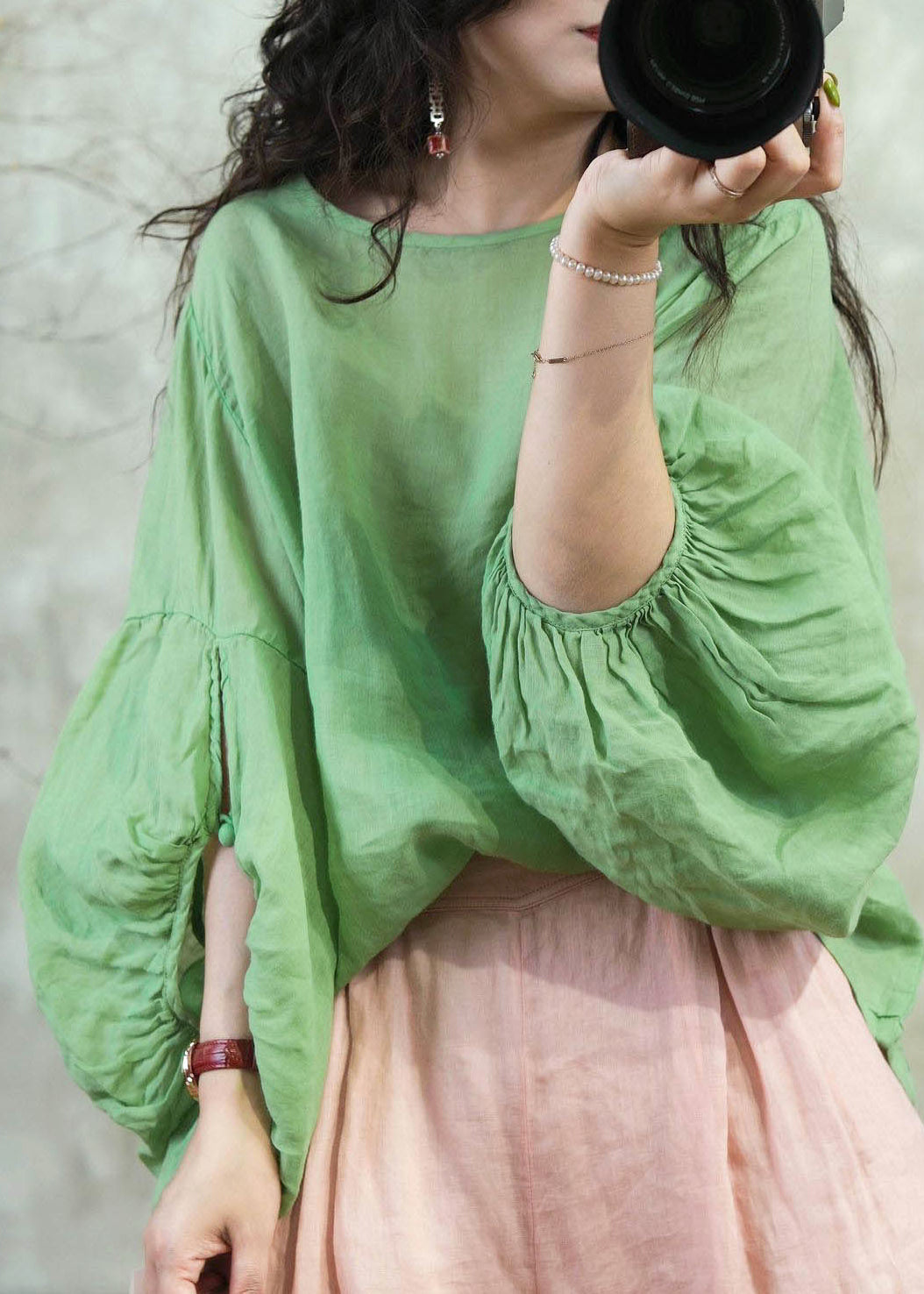 Grass Green O Neck Patchwork Cotton Top Lantern Sleeve