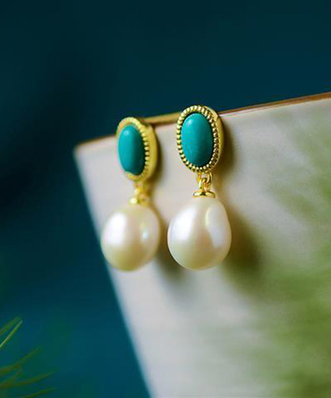 Blue Sterling Silver Overgild Turquoise Pearl Drop Earrings