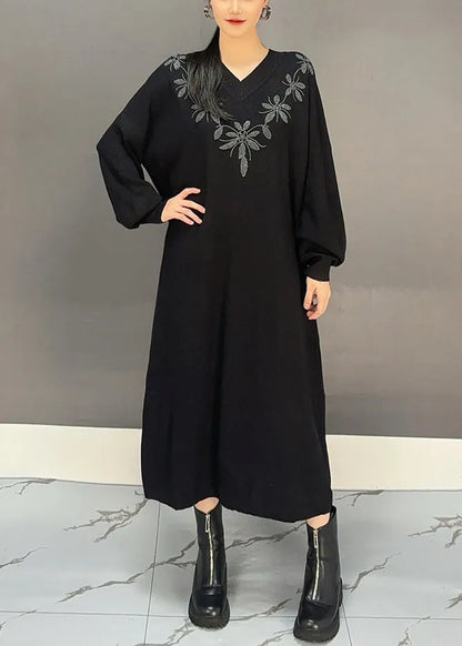 Red V Neck Embroidered Knit Sweater Dress Fall