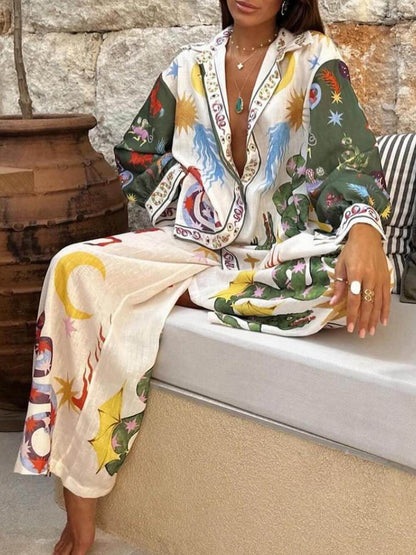 Unique Print Long Sleeve Shirt and Elastic Waist Pants Set