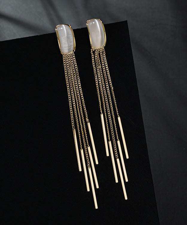 Skinny Gold Sterling Silver Alloy Cymophane Tassel Drop Earrings