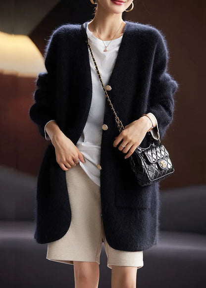 Black Button Pockets Cotton Knit Cardigan Long Sleeve