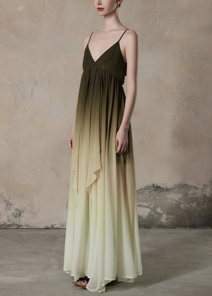 Gradient Color V Neck Wrinkled Chiffon Long Dress Sleeveless