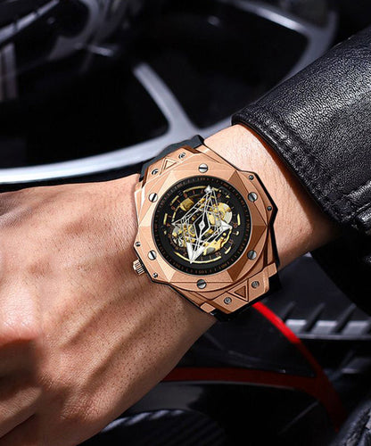 Rose Gold Leather Fully Automatic Machinery Hollow Out Watches