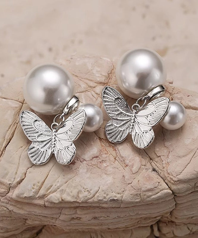 Diy Silk Copper Overgild Pearl Butterfly Stud Earrings