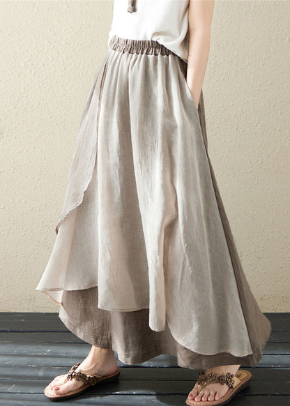 Khaki Pockets Asymmetrical Design Patchwork Linen Skirt