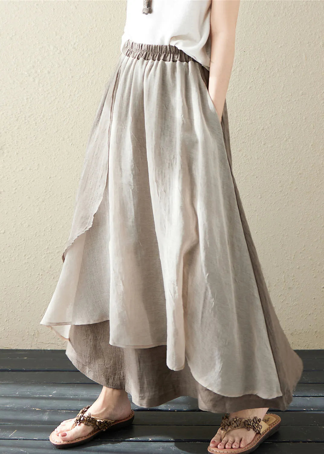 Khaki Pockets Asymmetrical Design Patchwork Linen Skirt