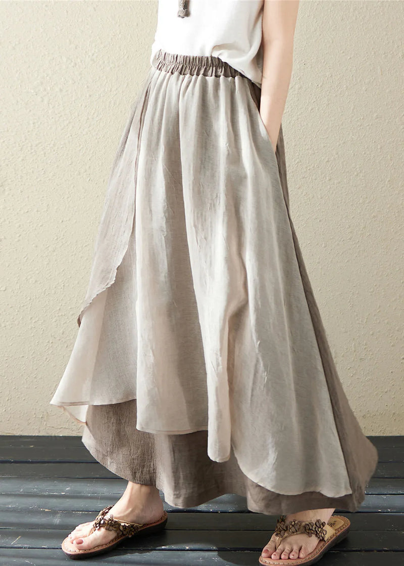 Khaki Pockets Asymmetrical Design Patchwork Linen Skirt