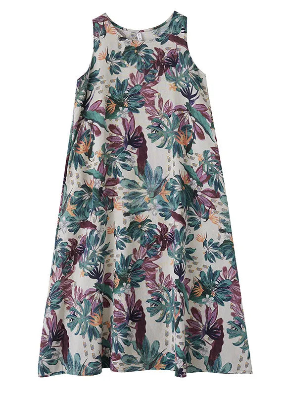 Print Exra Large Hem Cotton Loose Dress Sleeveless