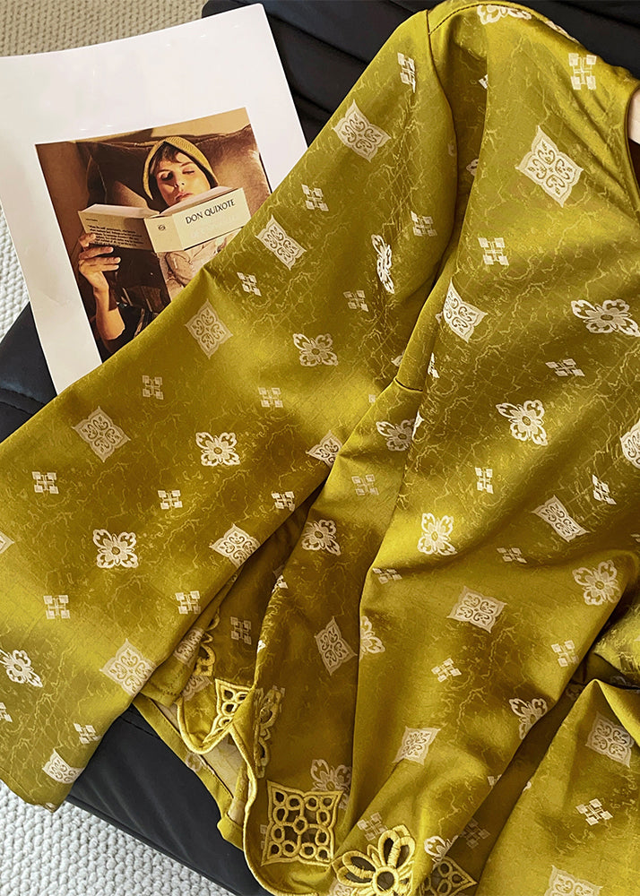 Yellow O Neck Print Hollow Out Silk Shirt Tops Fall