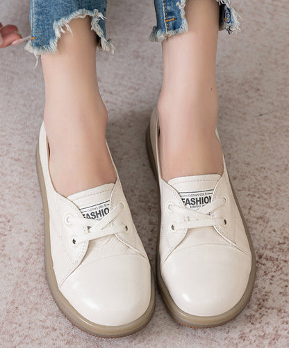 Beige Cowhide Leather Comfy Splicing Flat Shoes