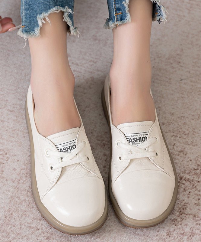 Beige Cowhide Leather Comfy Splicing Flat Shoes