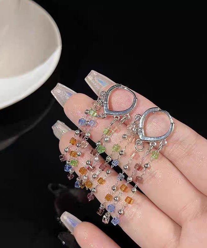 Rainbow Metal Crystal Block Tassel Drop Earrings
